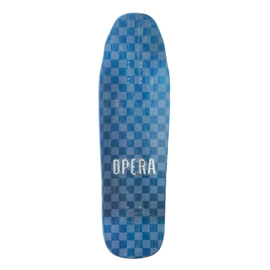 Blue checkered skateboard deck with 'OPERA' branding on a white background