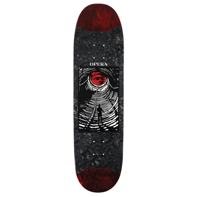 Skateboard deck with black and red design on a white background