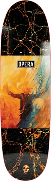 Skateboard deck with abstract design and 'Opera' branding