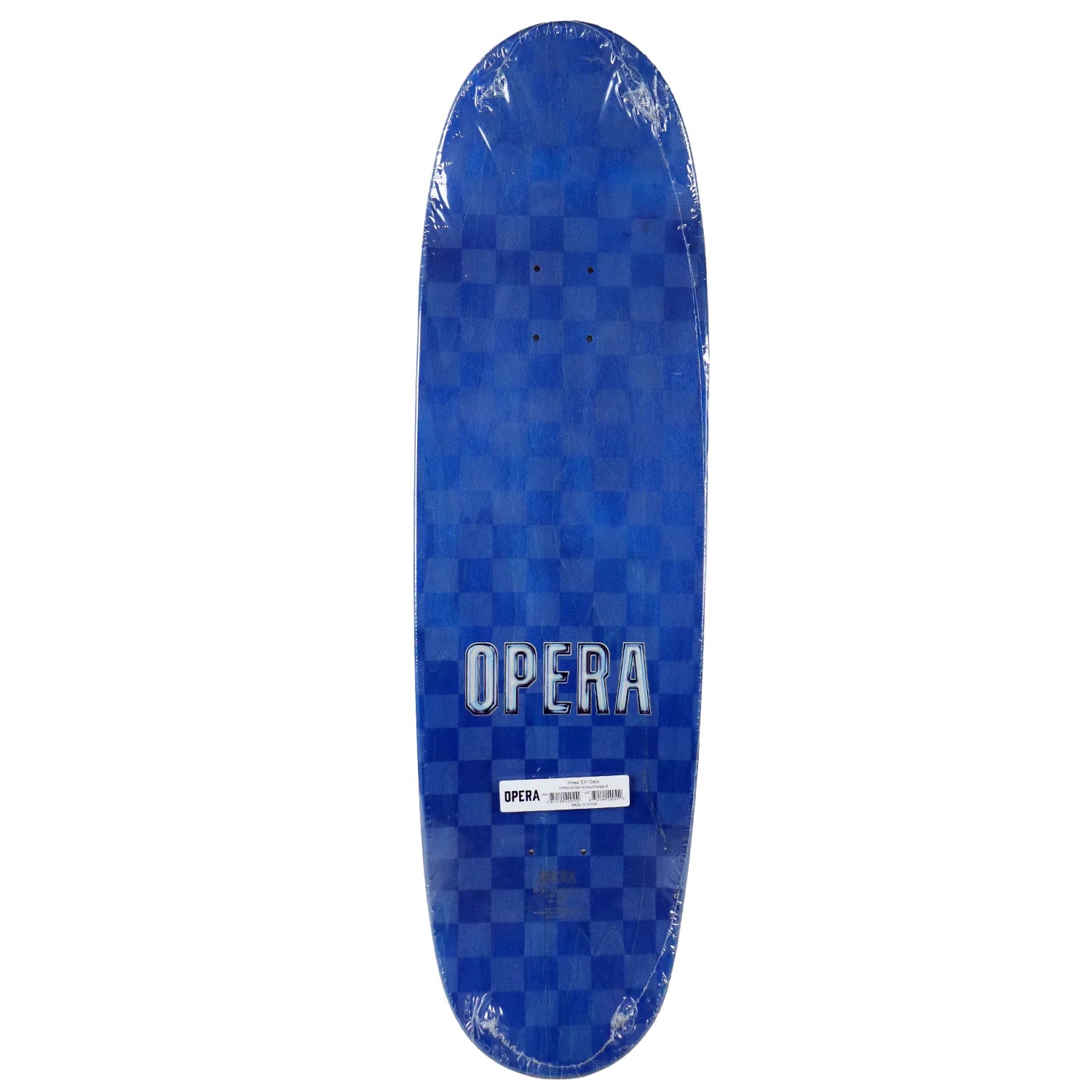 Blue checkered skateboard deck with 'Opera' branding on a white background