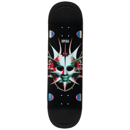 Skateboard deck with a colorful mask design on a black background, featuring the brand 'Opera'.