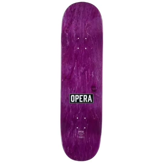Purple skateboard deck with 'Opera' logo on a white background