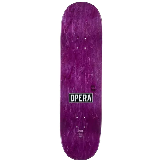 Purple skateboard deck with 'Opera' logo on a white background