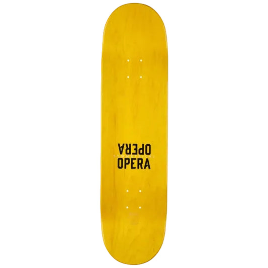 Yellow skateboard deck with 'Opera' branding on a white background