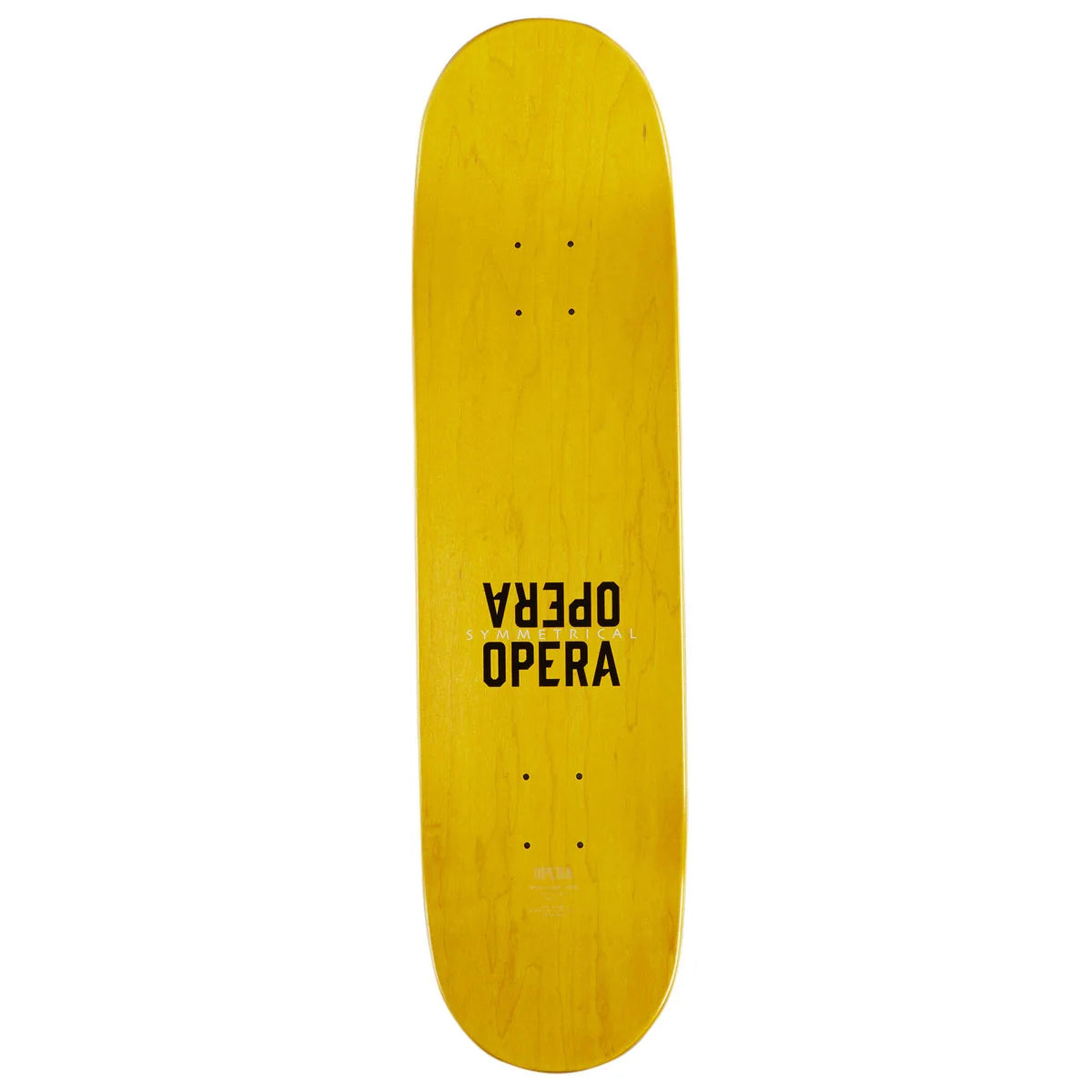 A yellow skateboard deck with black 'OPERA' branding printed vertically in the center, shown against a plain white background.