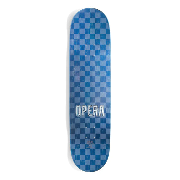 Blue checkered skateboard deck with 'OPERA' branding on a white background