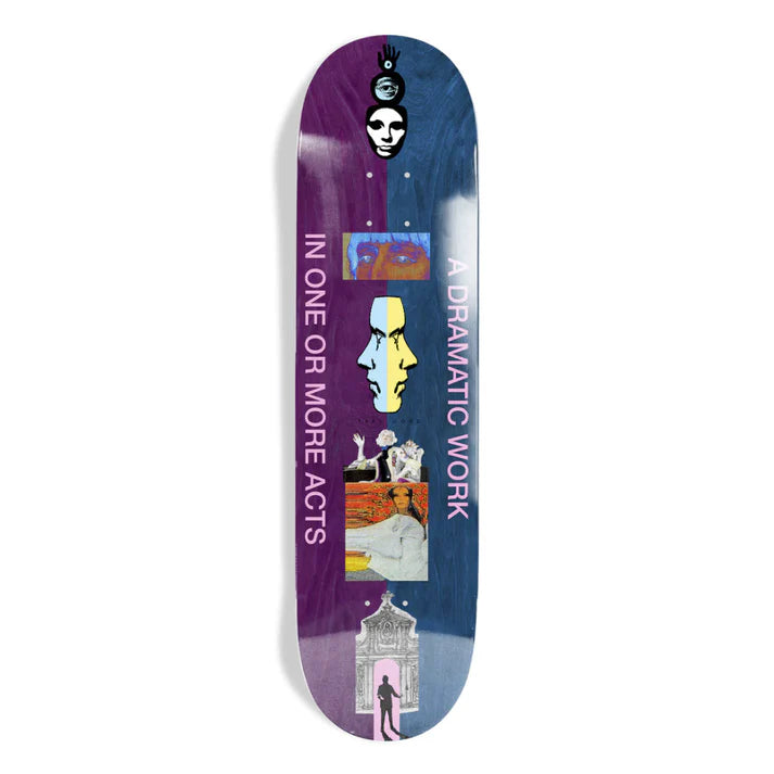 Skateboard deck with artistic design and text on a white background