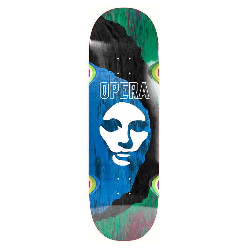 Skateboard deck with a colorful design and 'Opera' branding on a white background
