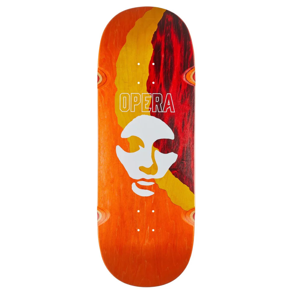Skateboard deck with abstract face design and 'Opera' branding on a white background