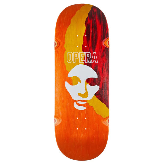 Skateboard deck with abstract face design and 'Opera' branding on a white background