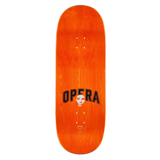 Orange skateboard deck with 'Opera' logo on a white background