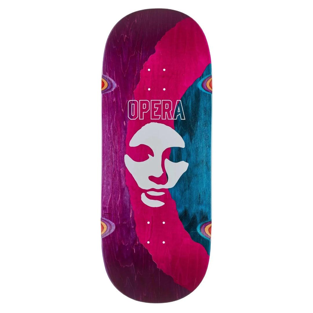 Skateboard deck with a face design and 'Opera' branding on a purple and blue background