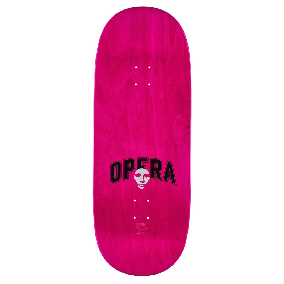 Pink skateboard deck with 'Opera' logo on a white background