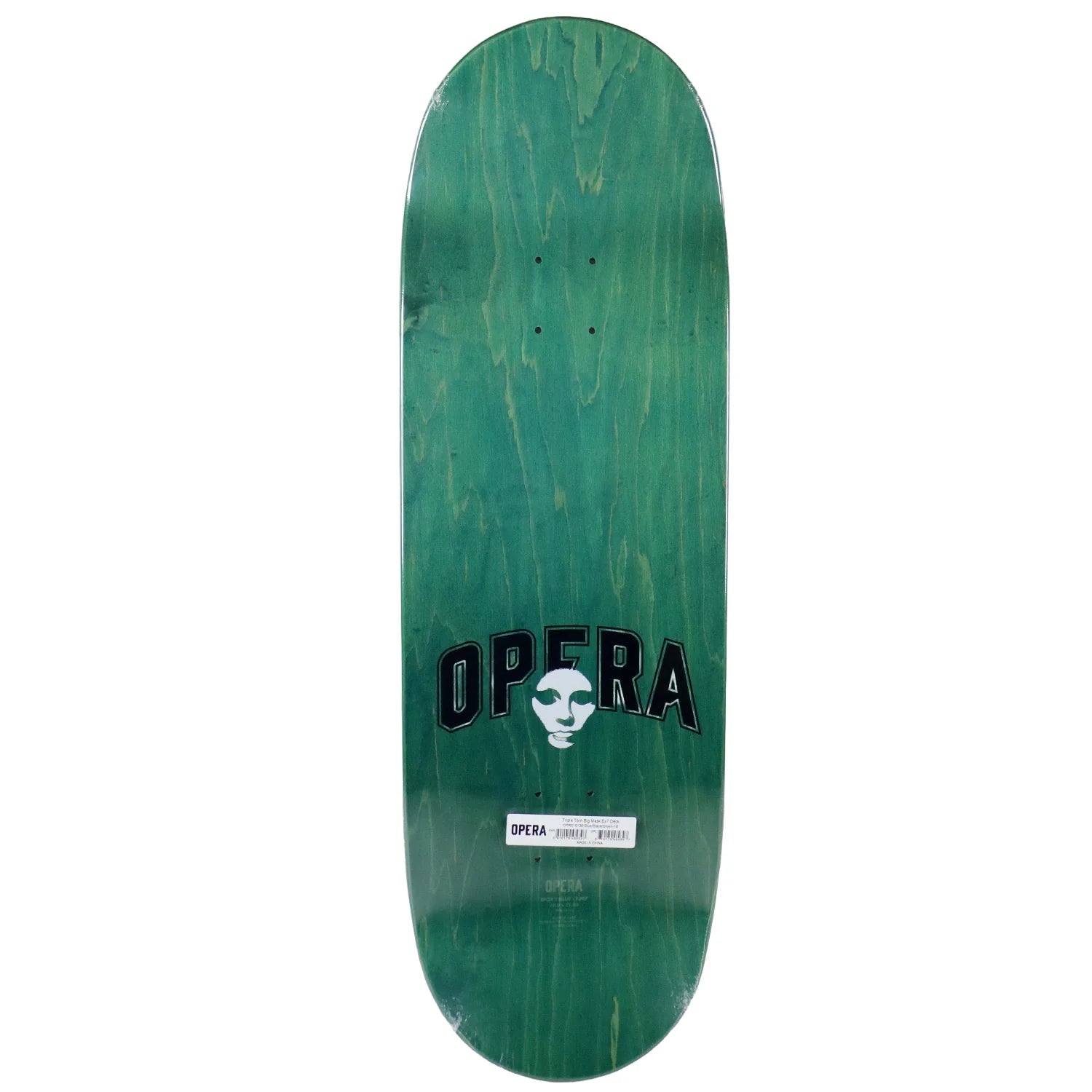 Green skateboard deck with 'Opera' branding on a white background