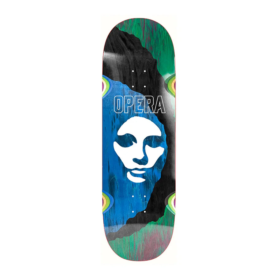 Skateboard deck with a colorful design and 'Opera' branding on a white background