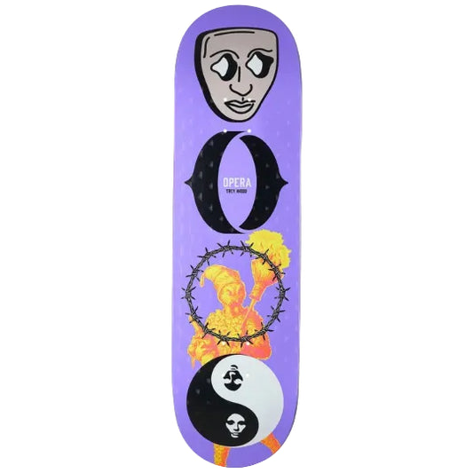Skateboard deck with artistic design and 'Opera' branding on a purple background