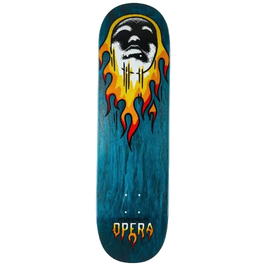 Skateboard deck with a face design and flames on a blue background