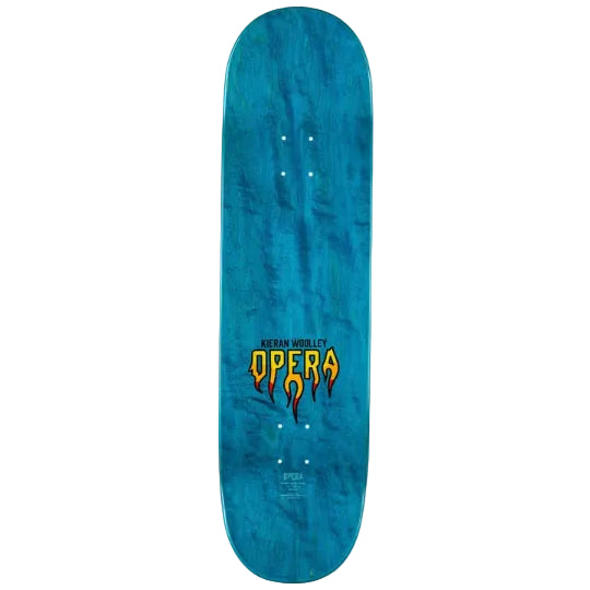 Blue skateboard deck with 'Opera' logo on a white background