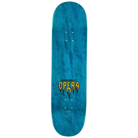 Blue skateboard deck with 'Opera' logo on a white background