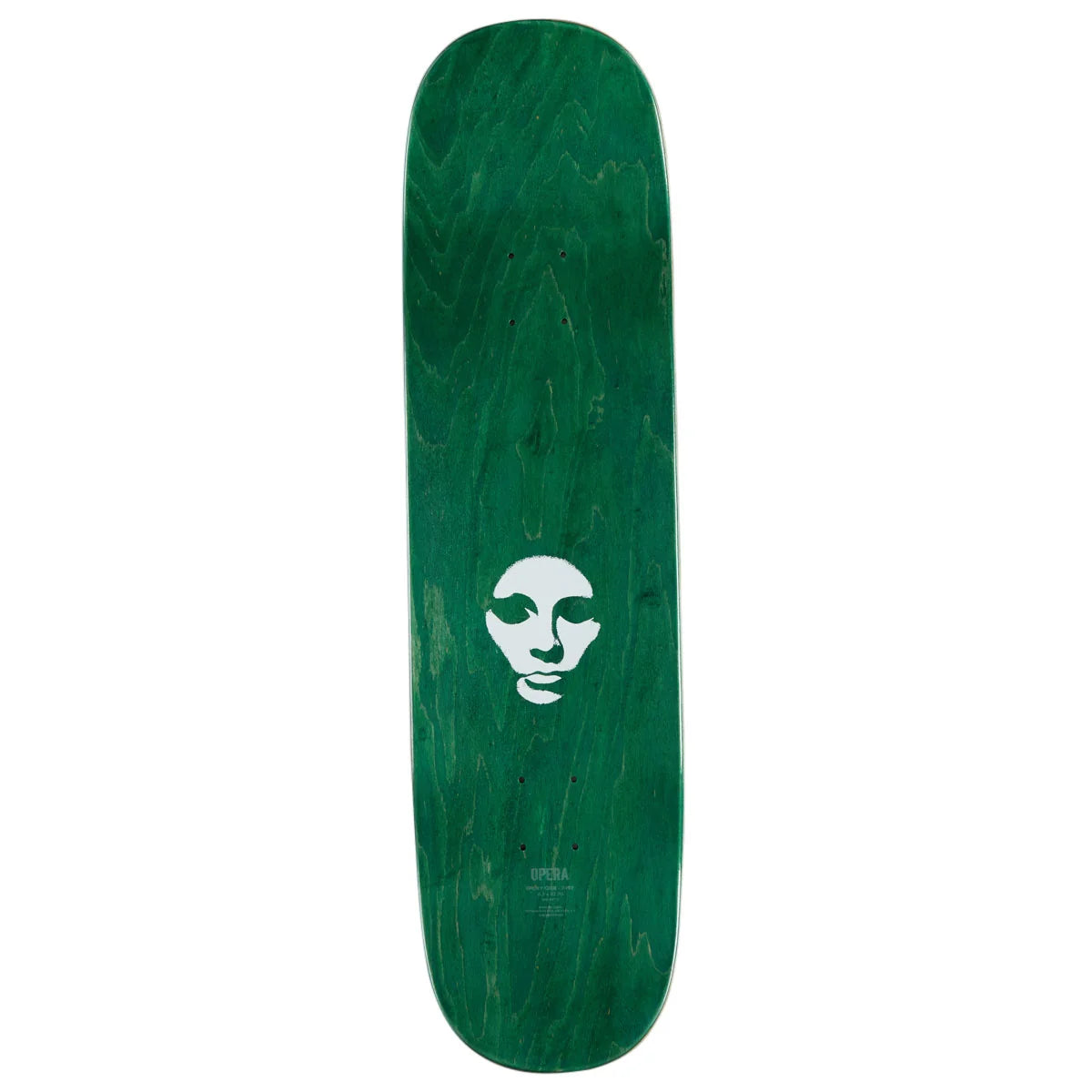 A green skateboard deck with a white stylized face graphic in the center, shown vertically against a plain white background.