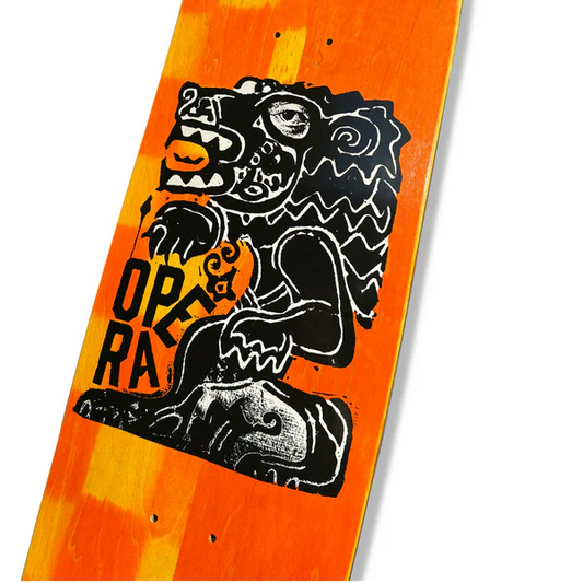 Skateboard deck with a black lion graphic and 'Opera' text on an orange and yellow checkered background