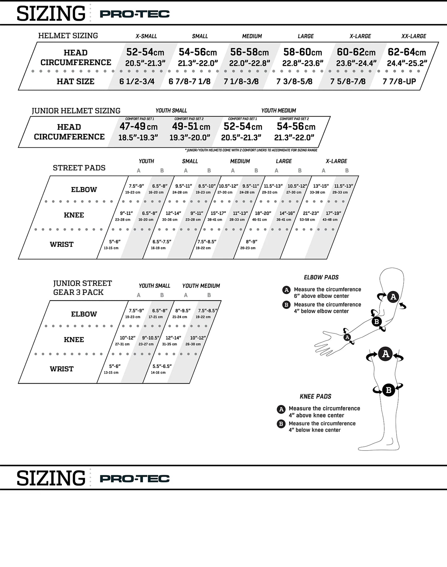 Protec sizing chart for helmets and street pads on a white background