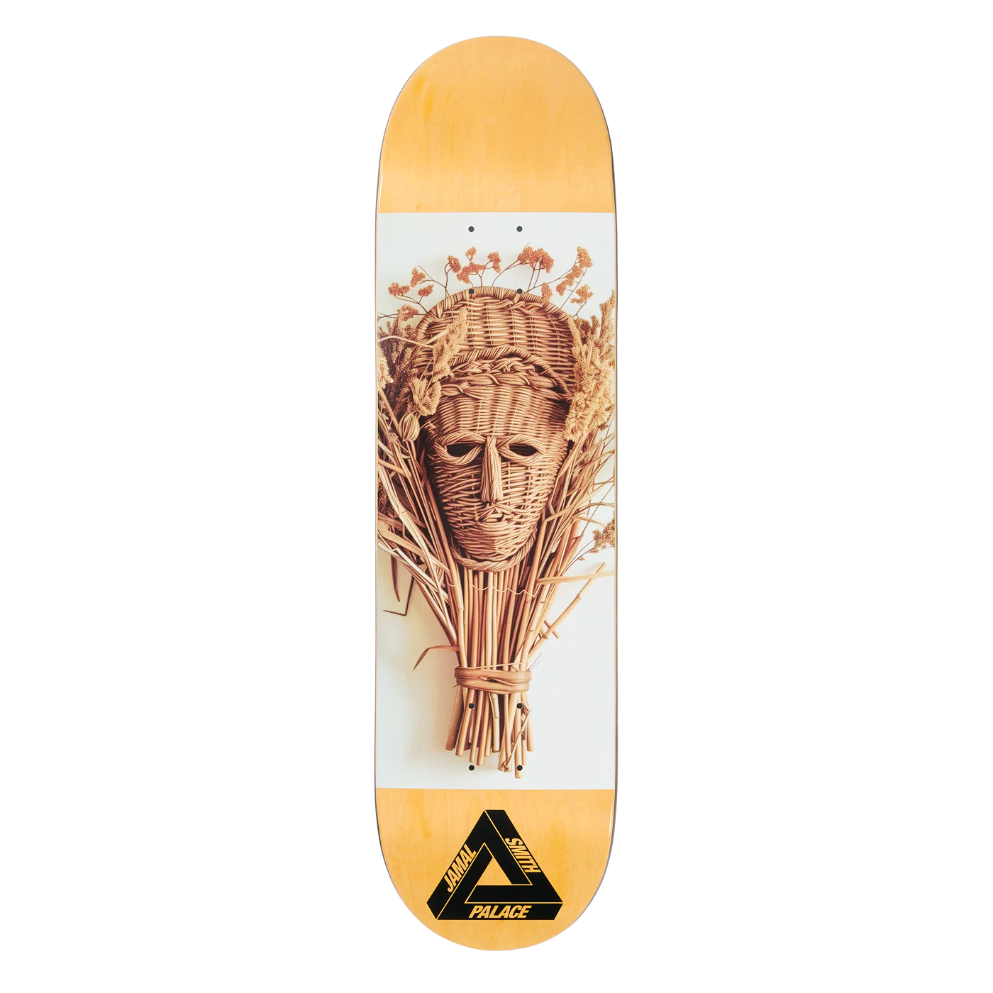 Skateboard deck with wicker head design and Palace logo on a white background