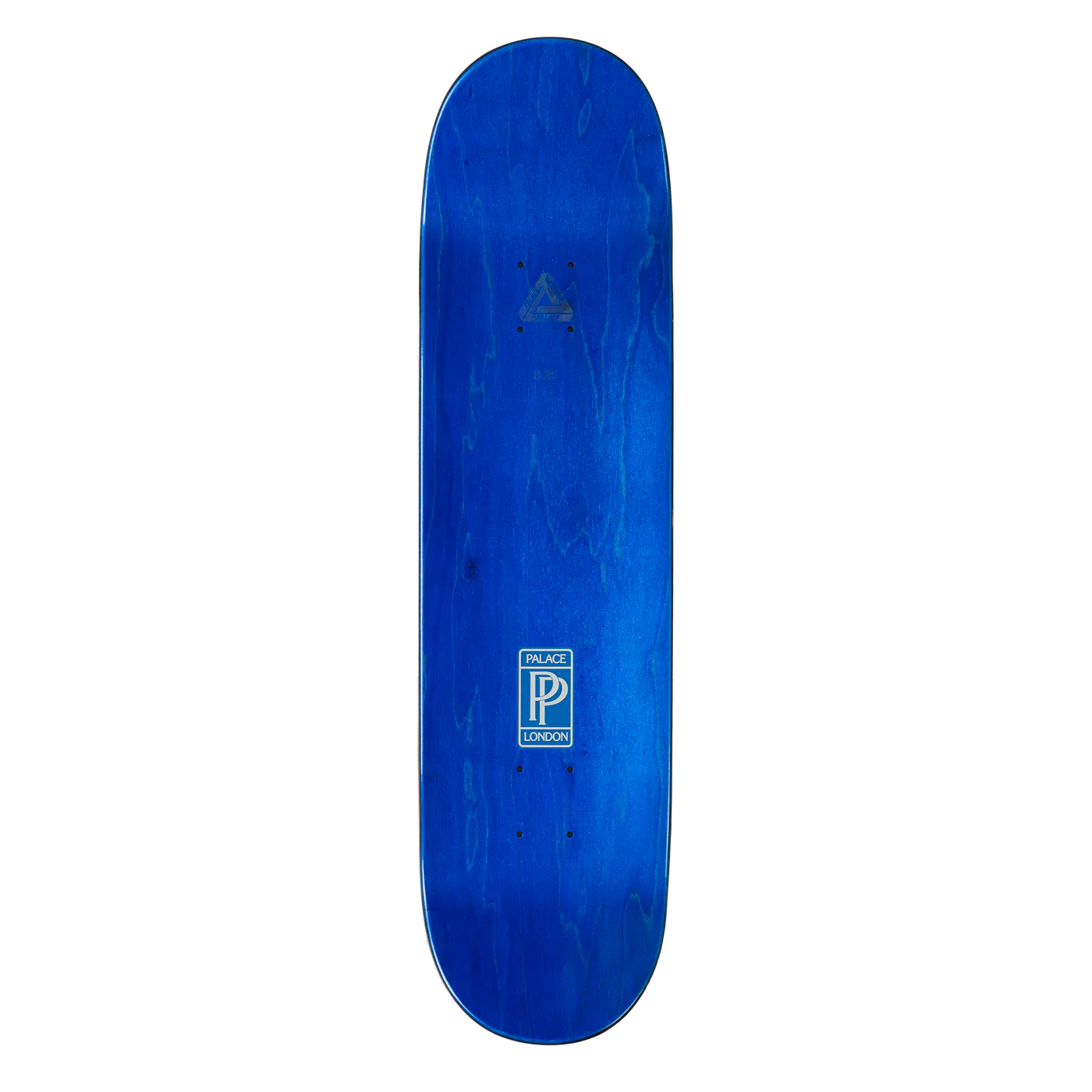 Blue skateboard deck with a logo on a white background
