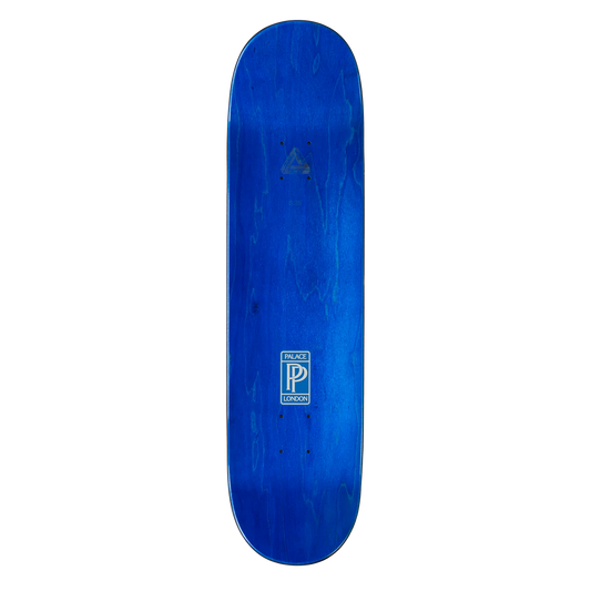 Blue skateboard deck with a logo on a white background