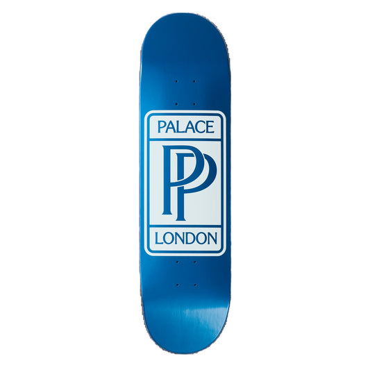 Blue skateboard deck with Palace London logo on a white background