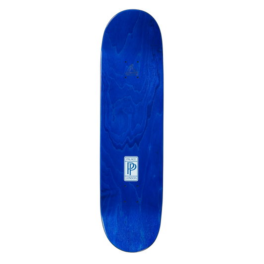 Blue skateboard deck with a visible brand logo on a white background