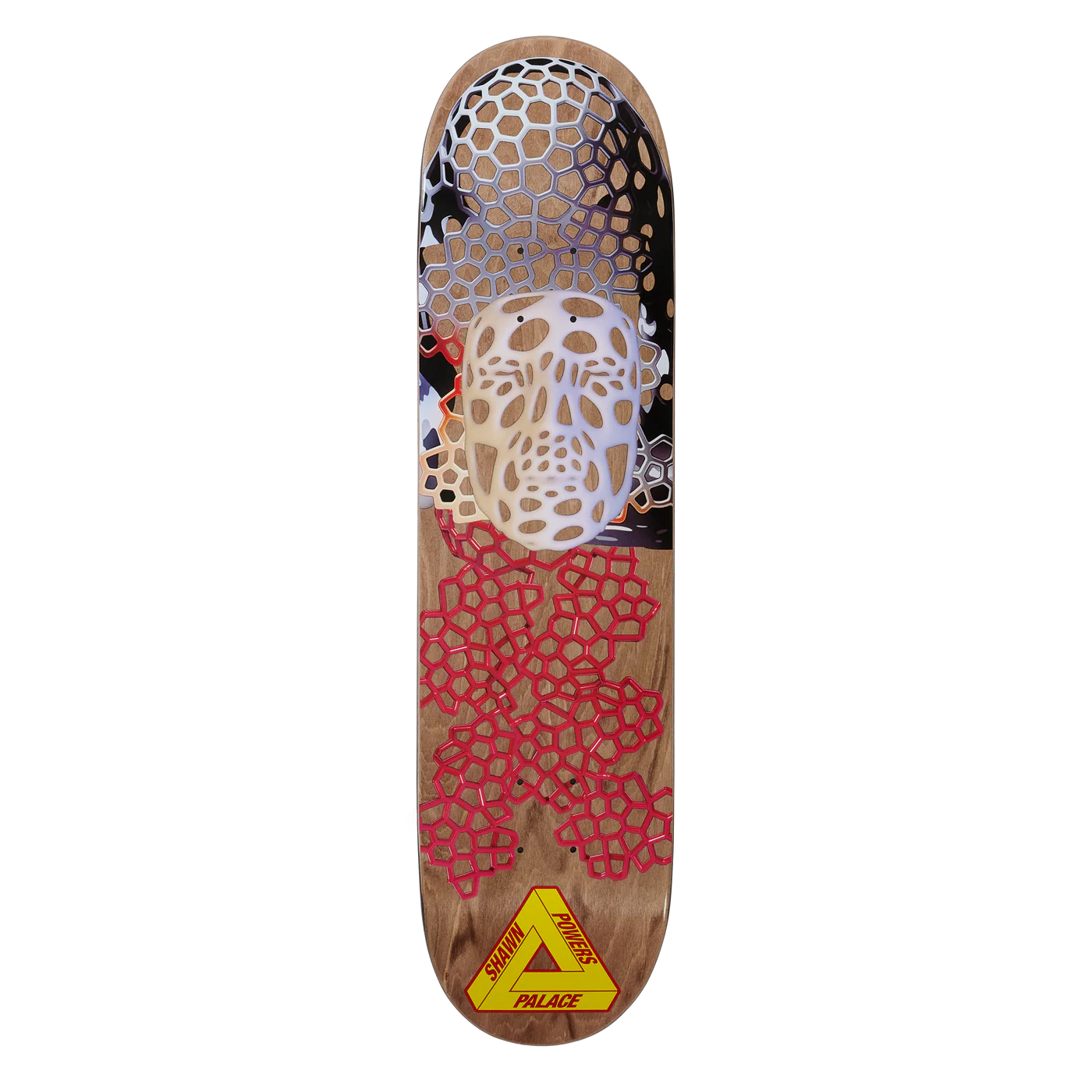 Skateboard deck with a unique design on a white background