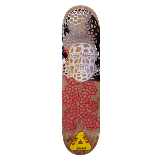 Skateboard deck with a unique design on a white background