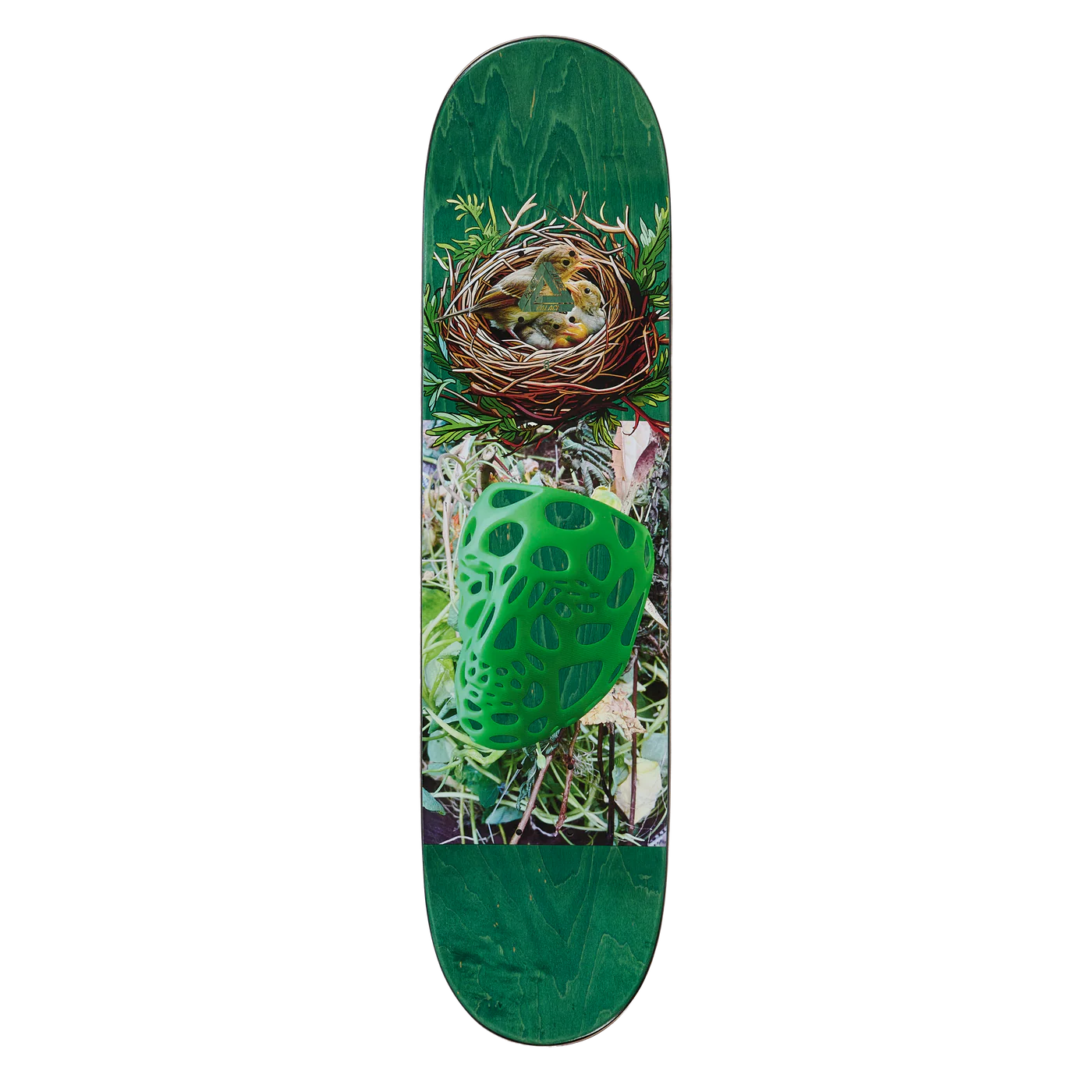 Skateboard deck with nature-themed design featuring a nest and green plant on a white background