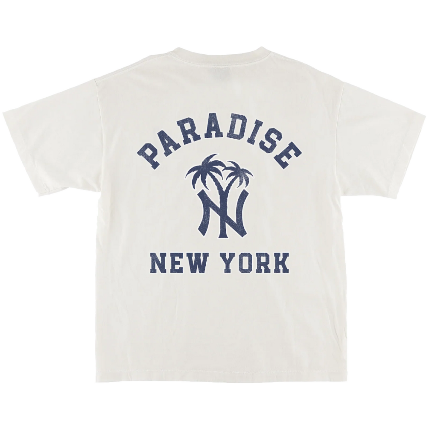 White t-shirt with 'Paradise New York' text and palm tree design on a white background