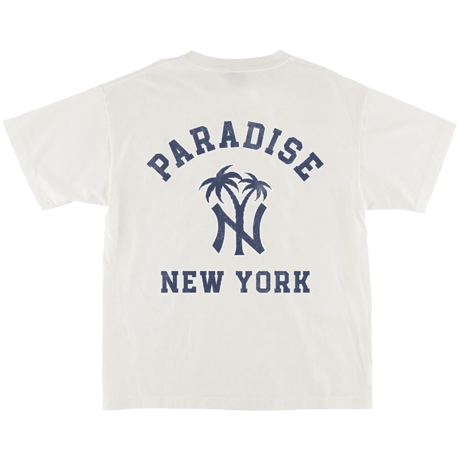 White t-shirt with 'Paradise New York' text and palm tree design on a white background
