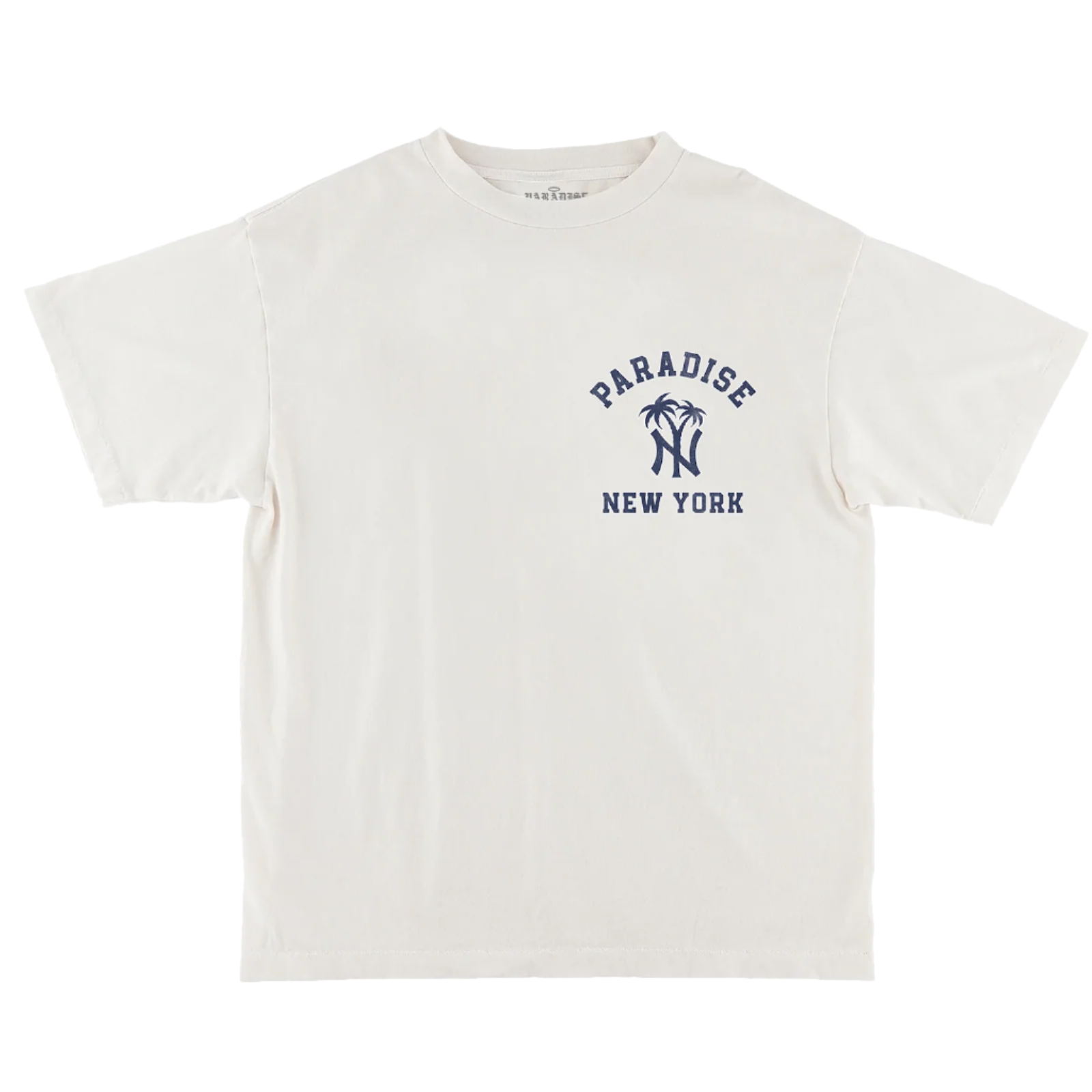 White t-shirt with 'Paradise New York' text and palm tree design on a white background