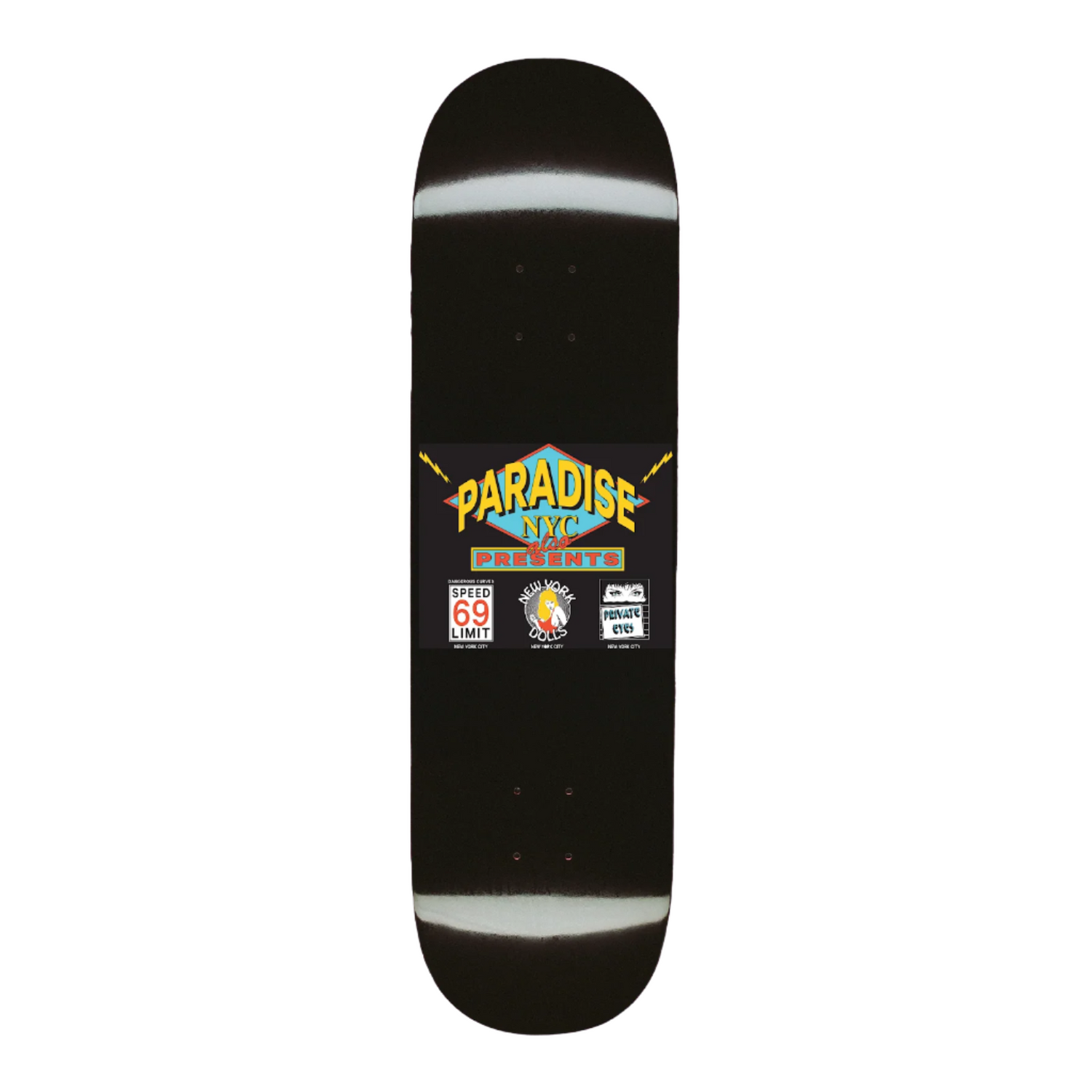 Black skateboard deck with colorful graphics and text on a white background