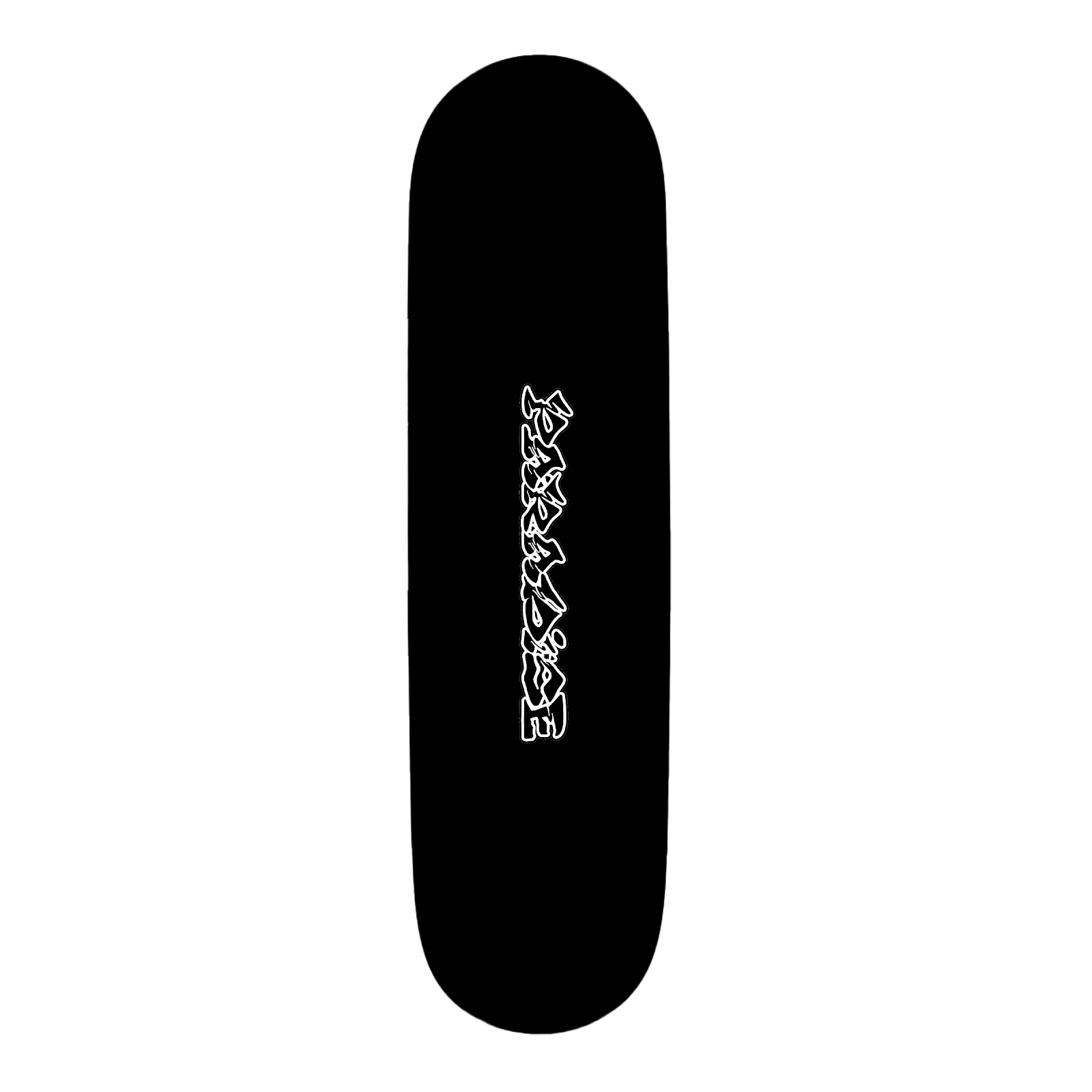 Black skateboard deck with white text design on a white background
