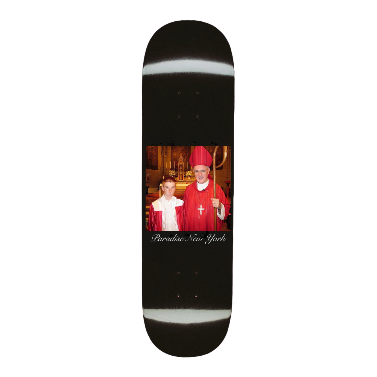 Skateboard deck with a printed design of two people in religious attire on a black background.