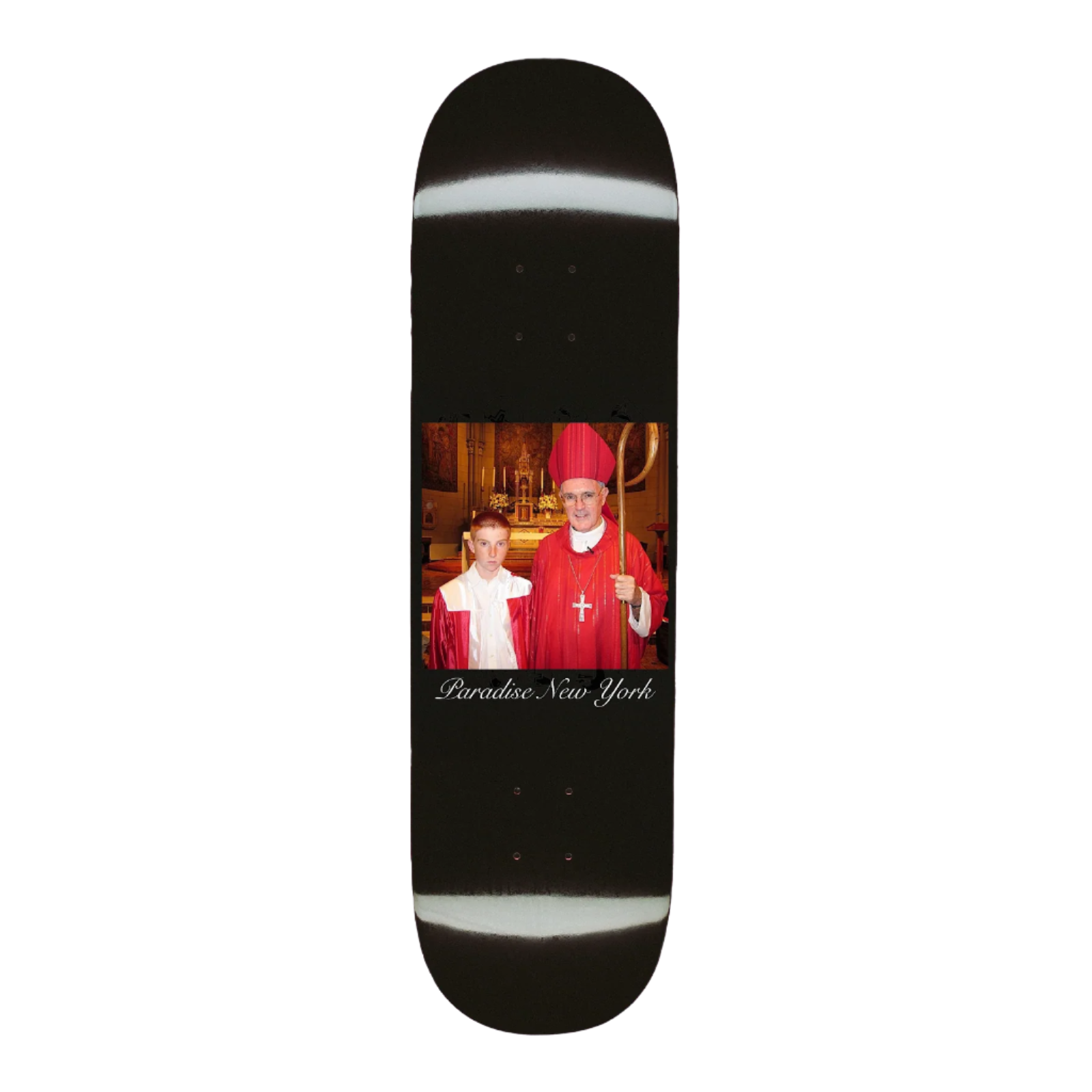 Skateboard deck with a printed design of two people in religious attire on a black background.