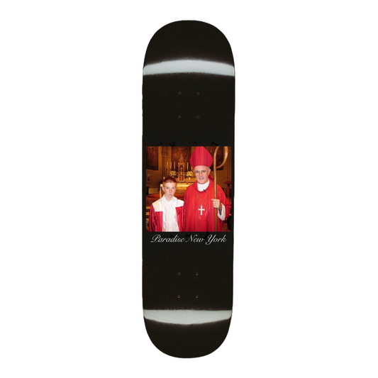 Skateboard deck with a printed design of two people in religious attire on a black background.