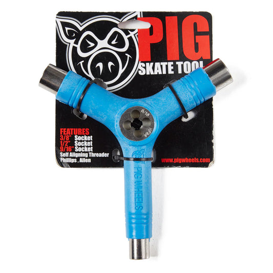 Blue skateboard tool with 'Pig Skate Tools' packaging on a white background