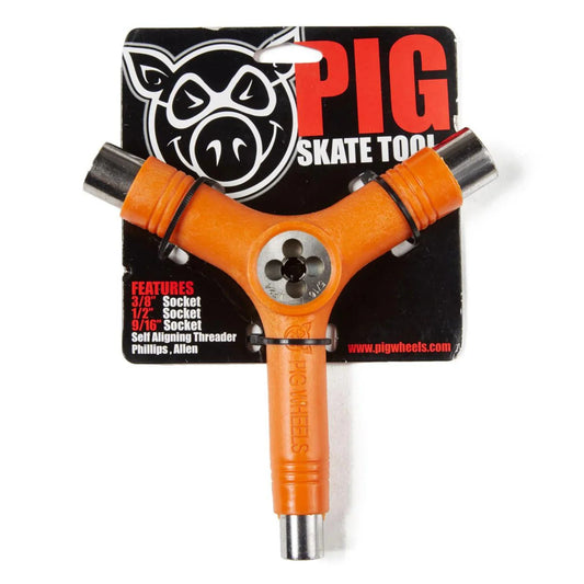 Orange skateboard tool with 'Pig' branding on a black background