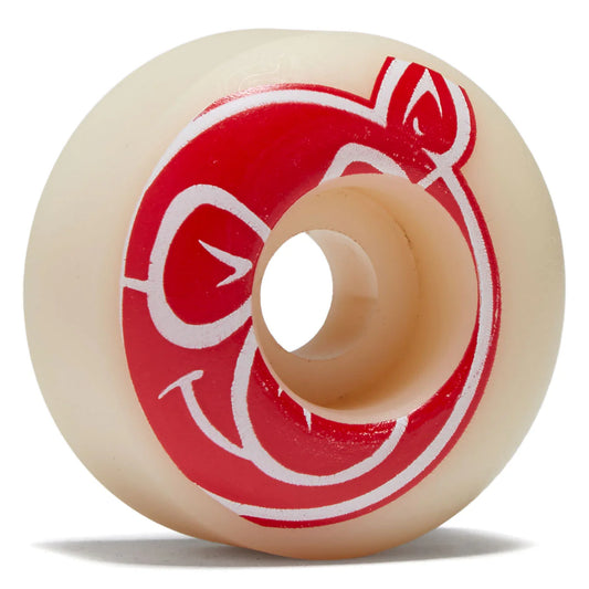 Skateboard wheel with red and white design on a beige background