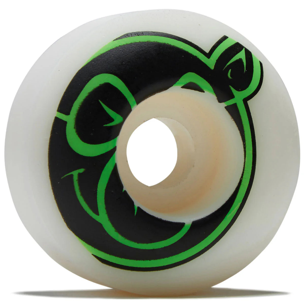 Skateboard wheel with green and black design on a white background