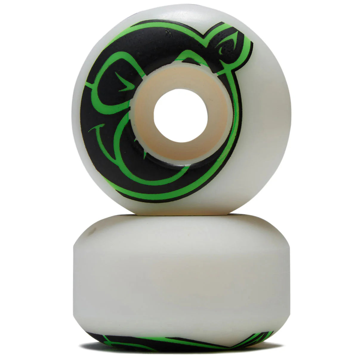 Two skateboard wheels with green and black design on a white background