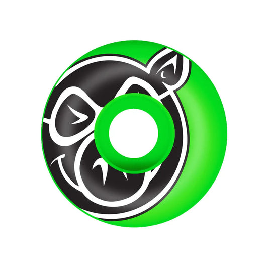 Green and black wheel with a white center on a white background