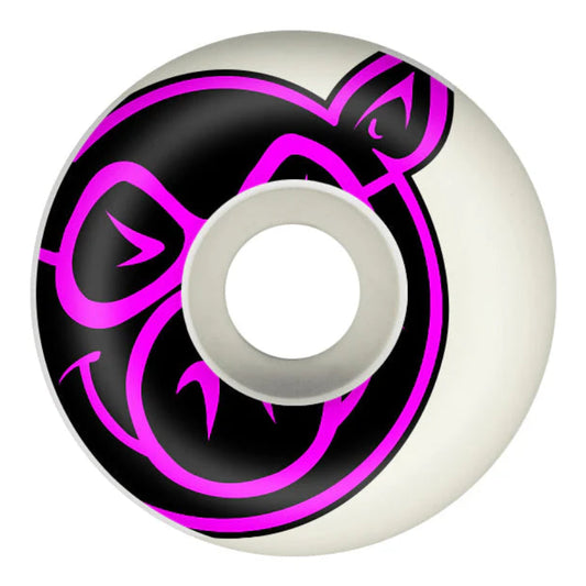 Skateboard wheel with pink and black design on a white background