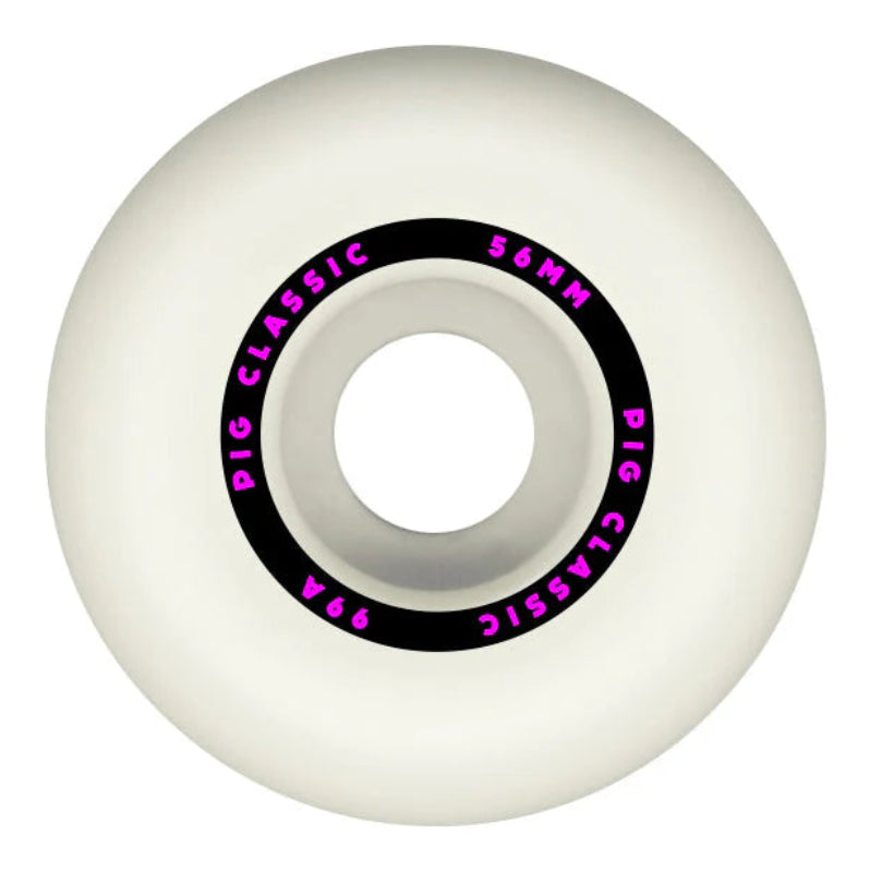 White skateboard wheel with purple text on a white background